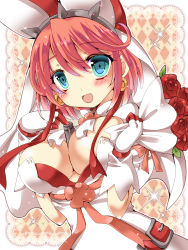 Rule 34 | 1girl, :d, argyle, argyle background, argyle clothes, bad id, bad pixiv id, between breasts, blue eyes, blush, bouquet, breasts, cleavage, earrings, elphelt valentine, flower, gloves, green eyes, guilty gear, guilty gear xrd, headdress, highres, jewelry, large breasts, open mouth, pink hair, red flower, red rose, ribbon, rose, short hair, smile, upper body, white gloves, yoroi nau