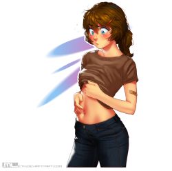 Rule 34 | 1girl, absurdres, bandaid, blue eyes, blush, breasts, brooke (mleth), brown hair, clothes lift, commentary, cowboy shot, denim, freckles, hair ornament, hairclip, highres, jeans, long hair, midriff, mleth, navel, navel piercing, original, pants, piercing, raised eyebrow, shirt, shirt lift, small breasts, solo, standing, stomach, surprised, t-shirt, watermark, web address, white background