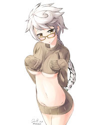 Rule 34 | 10s, 1girl, 2014, alternate costume, bad id, bad pixiv id, bespectacled, braid, breasts, glasses, kantai collection, large breasts, long hair, looking at viewer, navel, nekobaka, simple background, single braid, sleeves past wrists, solo, twitter username, underboob, unryuu (kancolle), white background, white hair, yellow-framed eyewear, yellow eyes, yellow theme