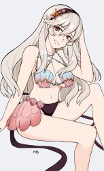 Rule 34 | 1girl, absurdres, bikini, black hairband, breasts, cleavage, corrin (female) (fire emblem), corrin (fire emblem), fire emblem, fire emblem cipher, fire emblem fates, hairband, hand on own head, highres, kgctcg, large breasts, long hair, looking at viewer, nintendo, official alternate costume, pointy ears, red eyes, shell, shell bikini, smile, solo, swimsuit, white hair