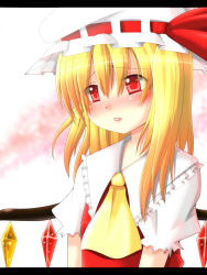Rule 34 | 1girl, blonde hair, blush, dotera, embarrassed, female focus, flandre scarlet, hanazome dotera, hat, letterboxed, lips, red eyes, side ponytail, solo, touhou, wings