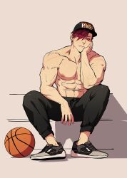 Rule 34 | 1boy, abs, alternate costume, ball, bara, baseball bat, basketball (object), fate/grand order, fate (series), full body, hair over one eye, highres, looking to the side, male focus, mori nagayoshi (fate), muscular, muscular male, navel, nipples, pectorals, red hair, short hair, sideways glance, sitting, solo, spread legs, stomach, taippen, thick eyebrows, topless male, veins, veiny arms, yellow eyes