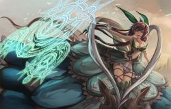 Rule 34 | 10s, 1girl, bare shoulders, breasts, cleavage, clothing cutout, cloud, dress, eruthika, granblue fantasy, green eyes, hair ornament, highres, leaf, leg ribbon, long hair, low twintails, magic circle, monster girl, navel, navel cutout, outstretched arm, plant girl, pointy ears, ribbon, sky, sleeveless, solo, thigh ribbon, twintails, very long hair, yggdrasill (granblue fantasy)
