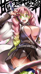 Rule 34 | 1girl, :d, absurdres, areola slip, belt, between breasts, blush, braid, breasts, center opening, covered erect nipples, gradient hair, green eyes, green hair, green thighhighs, highres, kanroji mitsuri, kimetsu no yaiba, large breasts, looking at viewer, mole, mole under eye, multicolored hair, no bra, open mouth, petals, pink hair, skirt, smile, solo, sparkle, sword, sword between breasts, thighhighs, twin braids, two-tone hair, weapon, yuki mizore
