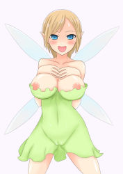 Rule 34 | 1girl, blush, breasts, cameltoe, cleft of venus, dress, fairy, large breasts, monaka (gatinemiku), nipples, pointy ears, simple background, smile, solo, wings