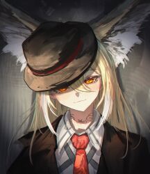 1girl absurdres animal_ear_fluff animal_ears arknights black_hat blonde_hair closed_mouth collared_shirt commentary extra_ears fox_ears fox_girl hair_between_eyes hat highres long_hair mrsillust necktie red_eyes red_necktie shirt solo upper_body vulpisfoglia_(arknights) white_shirt