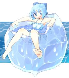 Rule 34 | 1girl, :d, bad id, bad pixiv id, barefoot, bikini, blue eyes, blue hair, bow, cirno, feet, frozen, happy, highres, ice, matching hair/eyes, naka akira, open mouth, short hair, sitting, smile, solo, swimming, swimsuit, tankini, toes, touhou, water, wings