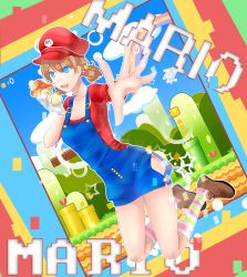 Rule 34 | 1girl, :d, ? block, bad id, bad pixiv id, blue eyes, brown hair, character name, cloud, coin, cosplay, gloves, hair bobbles, hair ornament, hat, highres, hip vent, jumping, mario, mario (cosplay), mario (series), mushroom, nintendo, open mouth, original, outstretched hand, overalls, piranha plant, rainbow, single glove, smile, socks, solo, striped clothes, striped socks, super mario bros. 1, super star (mario), twintails, unworn gloves, warp pipe, y.i. (lave2217)