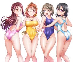 Rule 34 | 4girls, ass, black hair, blue eyes, blue one-piece swimsuit, breasts, commentary request, commission, competition swimsuit, grey hair, half updo, highres, long hair, love live!, love live! sunshine!!, medium breasts, mibushiro, multiple girls, one-piece swimsuit, orange eyes, orange hair, pink one-piece swimsuit, pixiv commission, purple eyes, red eyes, sakurauchi riko, short hair, swimsuit, takami chika, watanabe tsuki, watanabe you, white one-piece swimsuit, yellow one-piece swimsuit