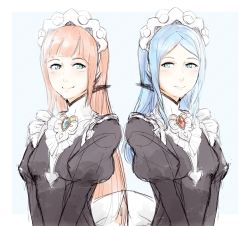 Rule 34 | 2girls, alternate hairstyle, apron, aqua eyes, blue hair, blush, bow, commentary, felicia (fire emblem), fire emblem, fire emblem fates, flora (fire emblem), frilled apron, frills, headdress, lithety, long hair, long sleeves, looking at another, maid, maid apron, maid headdress, multiple girls, nintendo, pink hair, puffy long sleeves, puffy sleeves, siblings, sisters, sketch, smile, striped, striped background, twins, upper body