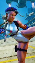 Rule 34 | 1girl, 3d, alternate color, alternate skin color, antenna hair, bare shoulders, blonde hair, blue eyes, blue gloves, blue hat, braid, breasts, cammy white, clenched hand, covered navel, curvy, dark skin, gloves, groin, hat, highleg, highleg leotard, highres, kicking, large breasts, leotard, lips, long hair, ryona, screencap, shiny clothes, solo, street fighter, street fighter v, thighs, third-party edit, thong leotard, twin braids, very long hair, white leotard, wide hips