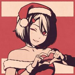 Rule 34 | 1girl, bare shoulders, black hair, bob cut, christmas, collarbone, commentary, detached collar, dress, fur choker, fur trim, hair between eyes, hair ornament, hairclip, hat, head tilt, heart, heart hands, light blush, looking at viewer, moshimoshibe, one eye closed, original, pom pom (clothes), red background, red dress, red eyes, red hat, romaji commentary, santa costume, santa hat, smile, solo, strapless, strapless dress, upper body, white fur
