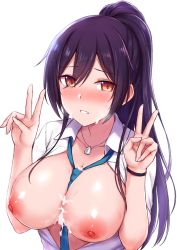 Rule 34 | 1girl, black hair, blush, breasts, cai geng, collared shirt, cum, cum on body, cum on breasts, cum on upper body, dog tags, double v, dress shirt, green necktie, hair between eyes, high ponytail, idolmaster, idolmaster shiny colors, large breasts, long hair, looking at viewer, necktie, nipples, open clothes, open shirt, ponytail, school uniform, shirase sakuya, shirt, simple background, smile, solo, v, white background, white shirt, yellow eyes