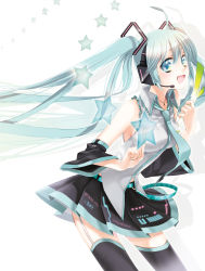 Rule 34 | 1girl, aqua eyes, aqua hair, ayto, bad id, bad pixiv id, breasts, detached sleeves, female focus, garter straps, hatsune miku, headset, long hair, necktie, open mouth, simple background, skirt, smile, solo, spring onion, thighhighs, twintails, very long hair, vocaloid, white background