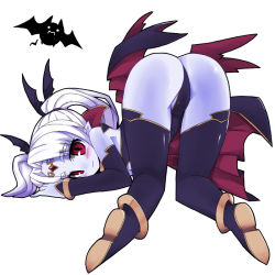 Rule 34 | 1girl, all fours, ass, bat (animal), black thighhighs, blue skin, blush, boots, cameltoe, colored skin, commentary, detached sleeves, eden (sennen sensou aigis), from behind, long hair, looking at viewer, looking back, nemui (nemui), red eyes, sennen sensou aigis, simple background, solo, thigh boots, thighhighs, twintails, white background, white hair