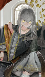Rule 34 | 1girl, absurdres, basaru 1106, blank stare, bug, butterfly, chain, closed mouth, dress, expressionless, fossil, frilled dress, frills, fringe trim, gold chain, grey hair, hair between eyes, hand on own shoulder, highres, holding shawl, indoors, insect, jewelry, layered dress, layered sleeves, long bangs, long hair, looking at viewer, multiple necklaces, necklace, original, ring, shawl, slit pupils, solo, v-neck, yellow eyes
