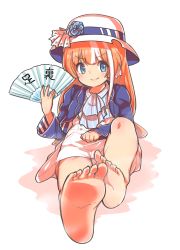 Rule 34 | 1girl, barefoot, blue eyes, blush, character request, closed mouth, fang, fang out, feet, female focus, foot focus, full body, hat, highres, long hair, looking at viewer, orange hair, simple background, skin fang, soles, solo, taitanic6242, toes, white background