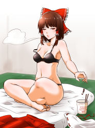 1girl bare_legs barefoot black_bra black_panties bow bra breasts brown_hair chopsticks cigarette cleavage collarbone commentary crossed_legs eyelashes full_body futon hair_bow hair_tubes hakurei_reimu half-closed_eye highres indian_style indoors lips medium_breasts medium_hair midriff navel nissin_cup_noodle one_eye_closed panties puckered_lips reaching red_bow red_eyes shiraue_yuu sidelocks sitting skirt smoke smoking solo strap_slip thick_thighs thighs touhou underwear underwear_only unworn_skirt unworn_sleeves