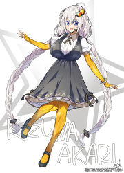 Rule 34 | 1girl, :d, black dress, black footwear, blue eyes, braid, breasts, character name, collarbone, dress, elbow gloves, gloves, grey eyes, hair ornament, high heels, highres, kizuna akari, large breasts, long hair, looking at viewer, open mouth, orange gloves, orange pantyhose, pantyhose, pixiv id, signature, smile, solo, star (symbol), striped clothes, striped gloves, striped pantyhose, twin braids, twitter username, umigarasu (kitsune1963), very long hair, voiceroid