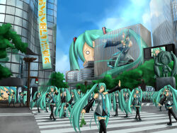 Rule 34 | aqua hair, ban (777purin), black sleeves, building, city, cityscape, crowd, detached sleeves, giant, hachune miku, hatsune miku, intersection, long hair, multiple girls, outdoors, road, scenery, screen, spring onion, statue, street, twintails, very long hair, vocaloid