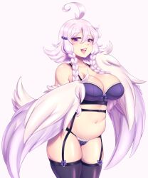 Rule 34 | 1girl, ahoge, artist name, belly, bird tail, black bra, black panties, black thighhighs, blush, bow, bow bra, bra, braided sidelock, breasts, charmine arcadia, cleavage, collarbone, commentary, english commentary, eyeshadow, feathered wings, feathers, garter belt, garter straps, hair between eyes, hair over breasts, harpy, heart, heart in eye, highres, lace, lace bra, lace panties, large breasts, lingerie, looking at viewer, makeup, midriff, monster girl, navel, open mouth, original, panties, pink background, pink eyes, pink eyeshadow, pink feathers, pink hair, pink wings, plump, purple bow, short hair with long locks, simple background, solo, symbol in eye, tail, teeth, the scarlet devil, thick thighs, thighhighs, thighs, underwear, upper teeth only, winged arms, wings