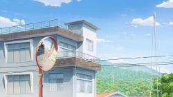 Rule 34 | balcony, blue sky, building, cloud, commentary request, fence, forest, isbeyvan, japan, morning, mountain, nature, no humans, original, outdoors, power lines, scenery, sky, tree, window