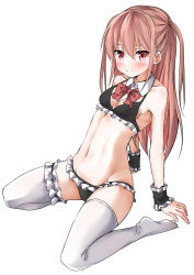 Rule 34 | 1girl, absurdres, arm support, atarashi ako, bikini, black bikini, blush, bow, bowtie, breasts, brown hair, cleavage, closed mouth, coat, commentary, detached collar, frilled bikini, frilled cuffs, frilled thighhighs, frills, frown, groin, hair tie, highres, kawai ritsu (rits meg), leaning back, long hair, looking at viewer, maid, maid bikini, navel, red bow, red bowtie, red eyes, saki, saki (manga), saki achiga-hen, simple background, sitting, small breasts, solo, swimsuit, thighhighs, two side up, unconventional maid, wariza, white background, white coat, white thighhighs, wing collar