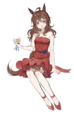 Rule 34 | 1girl, ahoge, animal ears, bare shoulders, blue flower, blue rose, bracelet, breasts, brown hair, champagne flute, charan (4963 nkym), cup, dress, dress flower, drinking glass, flower, highres, holding, holding cup, horse ears, horse girl, horse tail, invisible chair, jewelry, long hair, looking at viewer, nakayama festa (umamusume), necklace, parted lips, pink eyes, red dress, red footwear, rose, simple background, sitting, small breasts, solo, strapless, strappy heels, tail, umamusume, white background