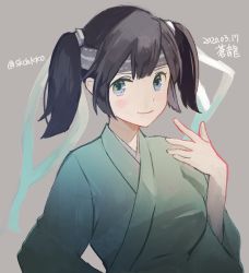 Rule 34 | 1girl, black hair, character name, character request, closed mouth, dated, hair ribbon, hand up, headband, kantai collection, kasumi (skchkko), long sleeves, looking at viewer, purple eyes, ribbon, signature, smile, solo, twintails, twitter username, upper body, wide sleeves