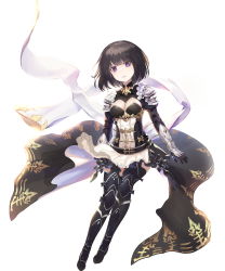 Rule 34 | 1girl, absurdres, armor, bad id, bad pixiv id, black hair, black thighhighs, blush, breasts, eis, erika (shadowverse), full body, gloves, highres, open mouth, purple eyes, shadowverse, short hair, simple background, solo, thighhighs, white background