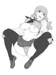 Rule 34 | 1girl, absurdres, blush, bra, bra lift, breasts, cameltoe, clothes lift, full body, girls und panzer, greyscale, highres, large breasts, long hair, looking at viewer, lying, monochrome, navel, nipples, on back, onsen tamago (hs egg), ooarai school uniform, open mouth, panties, sagging breasts, school uniform, shiny skin, shirt lift, simple background, skirt, solo, spread legs, takebe saori, thighhighs, underwear