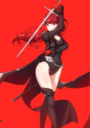 Rule 34 | 1girl, absurdres, arm up, bare hips, black coat, black footwear, black leotard, boots, breasts, chain, cleavage, coat, commentary request, covered navel, female focus, flower, frilled sleeves, frills, full body, gloves, highres, holding, holding sword, holding weapon, leotard, long hair, long sleeves, looking at viewer, matching hair/eyes, open clothes, open coat, parted lips, persona, persona 5, persona 5 the royal, ponytail, red background, red eyes, red gloves, red hair, rose, sheath, simple background, small breasts, smile, solo, standing, sword, thigh boots, thighhighs, thighs, weapon, white flower, white rose, yoshizawa kasumi, yumuto (spring1786)
