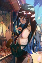 Rule 34 | 00kashian00, 1girl, aqua hat, black eyes, black hair, blue hair, blue sky, bracelet, closed mouth, commentary request, eyeshadow, fate/grand order, fate (series), feathers, hat, highres, holding, holding jewelry, holding necklace, jewelry, looking at viewer, makeup, multicolored hair, necklace, off shoulder, red eyeshadow, sky, smile, solo, straight hair, sunglasses, sunlight, tenochtitlan (fate), tenochtitlan (second ascension) (fate), two-tone hair