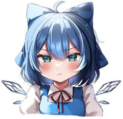 Rule 34 | 1girl, 380u0, :t, ahoge, blue bow, blue eyes, blue hair, bow, cirno, closed mouth, collarbone, commentary, detached wings, hair bow, ice, ice wings, looking at viewer, pout, short hair, simple background, solo, touhou, white background, wings