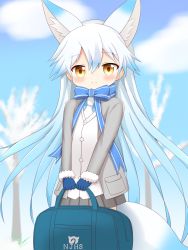 Rule 34 | 10s, 1girl, animal ears, bag, blue bow, blue gloves, blue hair, blue shirt, blue sky, blurry, blurry background, blush, bow, brown eyes, closed mouth, cloud, day, depth of field, fox ears, fox girl, fox tail, fur-trimmed sleeves, fur trim, gloves, grey jacket, grey skirt, hair between eyes, highres, holding, holding bag, jacket, japari symbol, kemono friends, long hair, long sleeves, looking at viewer, necktie, open clothes, open jacket, outdoors, pleated skirt, shin01571, shiroi-kitakitsune (kemono friends), shirt, skirt, sky, smile, solo, striped, striped bow, tail, very long hair, vest, white necktie, white vest