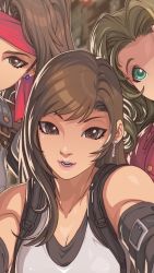 Rule 34 | 3girls, aerith gainsborough, armor, boobplate, breastplate, breasts, brown eyes, brown hair, cleavage, cropped legs, detached sleeves, earrings, edwin huang, final fantasy, final fantasy vii, final fantasy vii remake, green eyes, headband, highres, jacket, jessie rasberry, jewelry, large breasts, light brown hair, multiple girls, out of frame, outstretched arms, pink lips, red headband, red jacket, selfie, square enix, suspenders, tifa lockhart