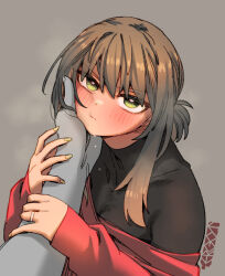 Rule 34 | 1boy, 1girl, artist logo, black shirt, blush, breasts, brown hair, cleavage, closed mouth, commentary, english commentary, ergot, fubuki (kancolle), green eyes, green nails, grey background, hair between eyes, hand on another&#039;s cheek, hand on another&#039;s face, highres, holding another&#039;s arm, jewelry, kantai collection, long sleeves, looking at viewer, low ponytail, medium breasts, medium hair, nail polish, out of frame, pov, pov hands, red sweater, ring, saliva, shirt, sidelocks, simple background, sleeves past wrists, solo focus, sweater, turtleneck, upper body, wedding ring