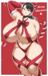 Rule 34 | 1girl, areola slip, batako (batakoart), beard, bell, black hair, blue eyes, breasts, candy, candy cane, cattleya (queen&#039;s blade), christmas, collar, collar bell, covered erect nipples, curvy, detached sleeves, earrings, english text, facial hair, female focus, flower, food, gigantic breasts, glasses, green eyes, happy, hat, highres, jewelry, long hair, looking at viewer, mature female, merry christmas, naked ribbon, navel, nude, ponytail, queen&#039;s blade, red background, ribbon, ribbon bikini, sagging breasts, santa claus, santa hat, simple background, smile, solo, thick thighs, thighs, wide hips, wrapped up