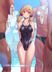 Rule 34 | 1girl, 3boys, ahoge, arms behind back, black male swimwear, black one-piece swimsuit, black swim briefs, blurry, blurry background, blurry foreground, blush, breasts, competition swimsuit, covered navel, dark-skinned male, dark skin, day, gluteal fold, highleg, highleg swimsuit, long hair, male swimwear, mana (remana), medium breasts, multiple boys, one-piece swimsuit, original, outdoors, pool, red eyes, smile, speech bubble, standing, stopwatch, swim briefs, swimsuit, thigh gap, translated, twintails, watch