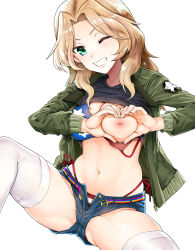 Rule 34 | 10s, 1girl, ;d, american flag bikini, american flag print, belt, belt buckle, bikini, bikini under clothes, blonde hair, blush, buckle, buttons, emblem, flag print, forehead, girls und panzer, gluteal fold, green eyes, green jacket, grin, head tilt, heart, heart-shaped boob challenge, heart hands, highres, inverted nipples, jacket, kay (girls und panzer), lips, long hair, long sleeves, looking at viewer, micro shorts, nakasone haiji, navel, nipples, one breast out, one eye closed, open belt, open fly, open mouth, parted bangs, patch, print bikini, red ribbon, ribbon, short shorts, shorts, shoulder patch, side-tie bikini bottom, simple background, sitting, skindentation, smile, solo, spread legs, stomach, swimsuit, teeth, thighhighs, thighs, unbuttoned, unzipped, white background, white thighhighs, zipper