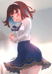 Rule 34 | 1girl, artist name, blue hair, blue skirt, blunt bangs, blunt ends, blurry, blurry background, blush, breasts, brown eyes, brown hair, colored inner hair, commentary, cowboy shot, dated, embarrassed, frilled skirt, frills, hairband, highres, hozuki momiji, long sleeves, masapoooh, multicolored hair, onii-chan wa oshimai!, open mouth, own hands clasped, own hands together, short hair, skirt, small breasts, solo, two-tone hair, wavy mouth, wing collar