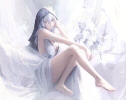 1girl absurdres armlet artist_name bare_legs bare_shoulders barefoot blue_hair blue_veil breasts cleavage closed_mouth commentary dress feet foot_up hair_between_eyes highres jewelry large_breasts legs long_hair sitting sleeveless sleeveless_dress solo the_shorekeeper_(wuthering_waves) toes two-tone_veil veil white_dress white_veil wuthering_waves yennyu