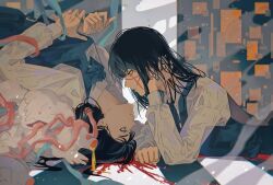 Rule 34 | 2girls, black hair, blood, blood splatter, blue vest, chainsaw man, collared shirt, fourth east high school uniform, guro, highres, intestines, jewelry, long hair, long sleeves, looking at another, lying, mitaka asa, multiple girls, on stomach, parted lips, red eyes, ring, scar, scar on face, school uniform, shirt, vest, white shirt, yellow eyes, yoru (chainsaw man), yumu (8181018), yuri