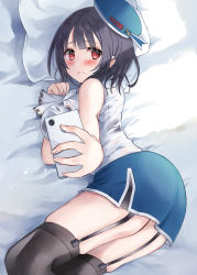 Rule 34 | 1girl, bed, bed sheet, black bra, black hair, black thighhighs, blue hat, blue skirt, blush, bra, bralines, breasts, cellphone, closed mouth, commission, garter straps, hat, hatomaru (hatomaru56), highres, holding, holding phone, kantai collection, large breasts, long sleeves, looking at viewer, lying, miniskirt, on bed, on side, phone, pillow, red eyes, see-through, selfie, shirt, short hair, skeb commission, skirt, smartphone, solo, takao (kancolle), thighhighs, underwear, white shirt