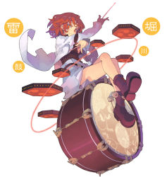 Rule 34 | 1girl, boots, drum, drumsticks, full body, horikawa raiko, instrument, looking at viewer, morino hon, music, necktie, playing instrument, red eyes, red hair, short hair, simple background, skirt, smile, solo, touhou, white background