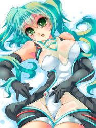 Rule 34 | 1girl, bad id, bad pixiv id, breasts, covered erect nipples, elbow gloves, gloves, green eyes, green hair, hatsune miku, iwato (celler), long hair, lying, matching hair/eyes, medium breasts, open mouth, racing miku, solo, twintails, vocaloid