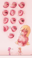 Rule 34 | anna (karbo), blonde hair, crisis, felarya, forced, giant, giantess, helpless, highres, karbo, lamia, mini person, minigirl, monster girl, nipples, nude, pink hair, reaching, reaching towards viewer, saliva, scared, screaming, sharp teeth, size difference, smile, soft vore, swallowing, tasting, teeth, tongue, uvula, vore