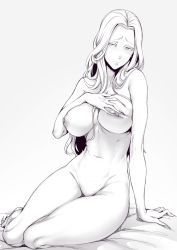 Rule 34 | 1girl, arm support, barefoot, bed sheet, blush, breasts, closed mouth, copyright request, deep skin, embarrassed, fingernails, gradient background, grey background, greyscale, hand on own chest, highres, large breasts, long hair, looking at viewer, mature female, monochrome, nakamura regura, navel, nipples, nude, parted bangs, sharp fingernails, sharp toenails, solo, toenails, very long fingernails