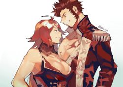 Rule 34 | 1boy, 1girl, ahoge, beard, blue eyes, breasts, brown hair, bursting pectorals, facial hair, fate/extra, fate/grand order, fate (series), francis drake (fate), highres, idk-kun, large breasts, long sideburns, pectoral cleavage, military, military uniform, muscular, napoleon bonaparte (fate), open clothes, open shirt, pectorals, pink hair, scar, scar on face, sideburns, smile, uniform