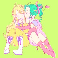Rule 34 | 2girls, belt, blonde hair, blue shirt, boots, breasts, cape, celes chere, detached sleeves, dress, final fantasy, final fantasy vi, green hair, high ponytail, kiss, kissing cheek, long hair, lowres, multiple girls, pants, pantyhose, parted bangs, polomerria45, ponytail, red dress, red footwear, shirt, shoulder pads, small breasts, strapless, strapless dress, tina branford, tube dress, vest, white footwear, yellow pants, yellow vest, yuri